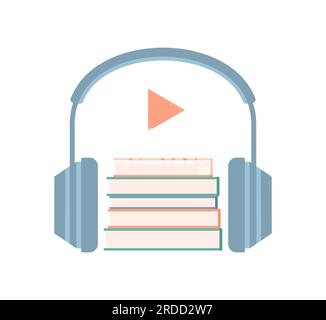 Headphones with stack of books and play button isolated on white background. Listening to audiobooks. Flat vector illustration Stock Vector