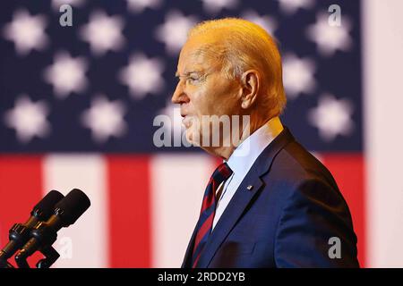 United States President Joe Biden makes remarks discussing how his Bidenomics agenda is growing the economy from the middle out and the bottom up Thursday, July 20, 2023; at the Philly Shipyard in Philadelphia, Pennsylvania Credit: Saquan Stimpson/CNP /MediaPunch Stock Photo