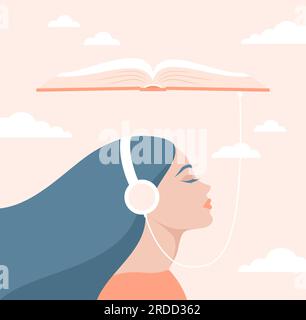 Young woman with closed eyes listening to an audiobook. Side portrait of a woman wearing headphones connected to an open book above her Stock Vector