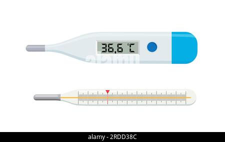 Medical thermometer. Classic medical mercury and electronic thermometer for temperature measurement. Degree thermometer device isolated icons set. Hea Stock Vector