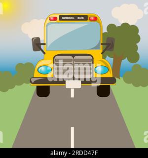 Yellow school bus rides on an asphalt road. Foreground. Green meadow, sun, bushes, clouds and trees. Back to school. Vector landscape. Stock Vector