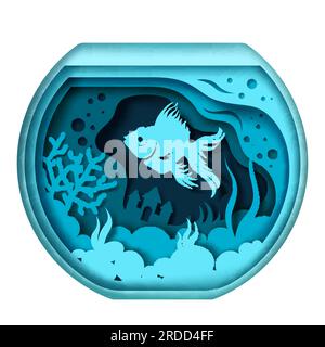 Aquarium with pet fish, vector illustration in paper art style Stock Vector