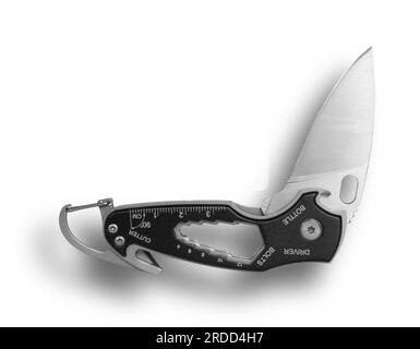 Folding knife partially open on a multi tool with shadow and wrench, cutter and more. Stock Photo