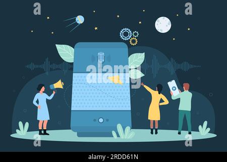 Cartoon tiny people control home IOT system through wireless commands on speakers microphone, talk with virtual bot via phone. Smart voice personal assistant, AI recognition dark vector illustration. Stock Vector
