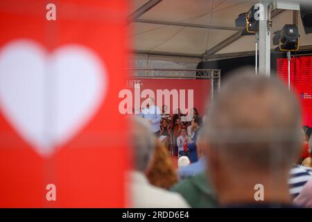 Gijon, Spain, 20th July, 2023: The President of the Principality of Asturias, Adrian Barbon speaking during the PSOE rally on July 20, 2023, in Gijon, Spain. Credit: Alberto Brevers / Alamy Live News Stock Photo