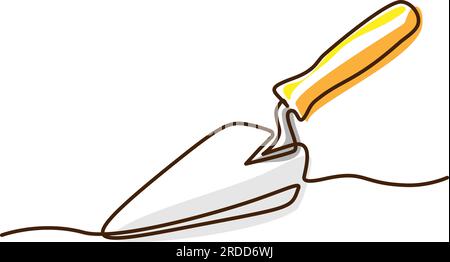 Bricklayer trowel. Continuous one line drawing. Construction and repair. Vector illustration on white background with color spots. Stock Vector