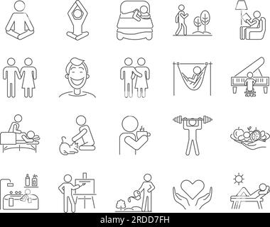 Self-Care and Well-being Icons Set. Health, Love, Hobby, Sport. Editable Stroke. Simple Icons Vector Collection Stock Vector