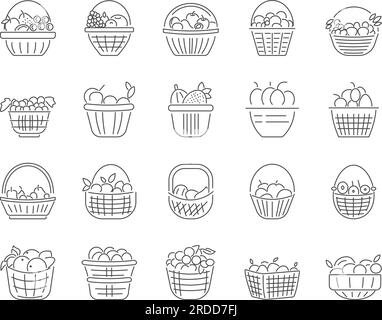 Basket of Fruits Icons Set. Apples, Oranges, Grapes, Pears. Editable Stroke. Simple Icons Vector Collection Stock Vector