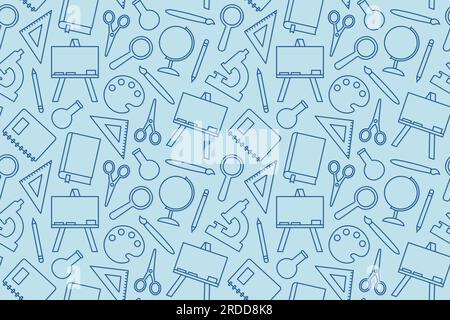 back to school seamless pattern with chalkboard, scissors, pencil, brush, microscope, globe, book, spiral notebook, magnifier, triangle ruler icons- v Stock Vector