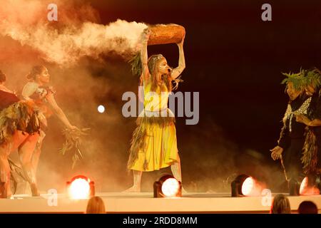 Sydney, Australia. 20th July, 2023. Performers dance before the FIFA Women's World Cup 2023 between Australia and Ireland at Stadium Australia on July 20, 2023 in Sydney, Australia Credit: IOIO IMAGES/Alamy Live News Stock Photo