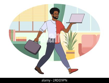 A black business man at a hybrid work, in hybrid clothes, a formal suit and home clothes with a laptop in his hands against the backdrop of a working Stock Vector