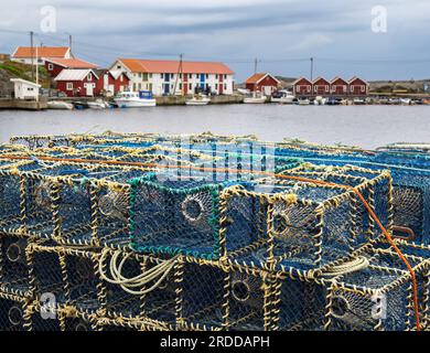 Crab and lobster traps on the beach of a swedisch fishing village and island of Kladesholmen Stock Photo