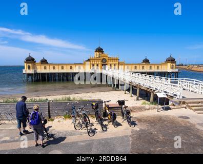 Famous historical bath house - kallbadhuset - in Varberg Sweden , iconic building in Sweden, Region of Halland , city of Varberg. Cold bath in sea for Stock Photo