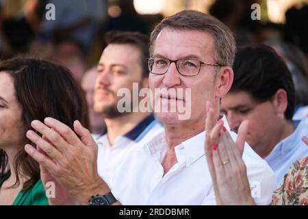Spanish right party Partido Popular (PP) leader Alberto Nunez Feijoo during a campaign meeting ahead of July 23 general election. in Madrid on July 20 Stock Photo