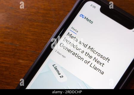 A blog post “Meta and Microsoft Introduce the Next Generation of Llama” seen in an iPhone. An introduce of the availability of Llama 2, next gen LLM Stock Photo