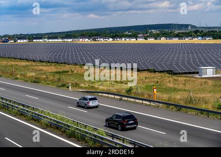 PV plant near Borna-Süd on the A72, photovoltaic plant, solar park, of Naturstrom Borna GmbH & Co. KG, Städtische Werke Borna, Saxony, Germany, Stock Photo