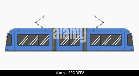 blue modern tram way train side view vector flat illustration Stock Vector