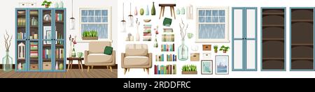 Room interior with blue bookcases, an armchair, and rain outside the window. Scandinavian interior design. Furniture set. Interior constructor Stock Vector