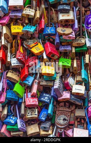 Colourful Love Locks on an art installation in the Distillery district of Toronto Ontario Canada Stock Photo
