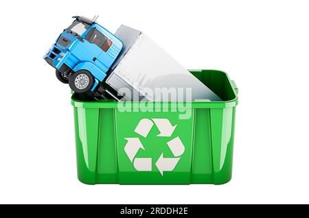 Recycling trashcan with truck, 3D rendering isolated on white background Stock Photo