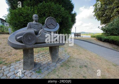 Monument to Mercedes racing driver Rudolf Caracciola with Silver Arrow, Remagen, Rhineland-Palatinate, Upper Middle Rhine Valley, Germany Stock Photo