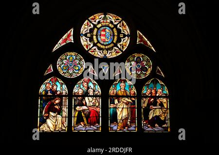 Church window with stained glass Outpouring of the Holy Spirit, Memorial Church of the Protestation, Protestant Church, Speyer, Rhineland-Palatinate, Stock Photo