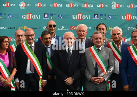 Giffoni Valle Piana, Italy. 20th July, 2023. GIFFONI VALLE PIANA, ITALY - JULY 20: Vincenzo De Luca President of the Campania Region with some Mayors of the Province of Salerno attend the photocall at the 53rd Giffoni Film Festival 2023 on July 20, 2023 in Giffoni Valle Piana, Italy. Credit: Nicola Ianuale/Alamy Live News Stock Photo