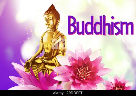 Buddha figure, lotus flowers and word Buddhism on bright background Stock Photo
