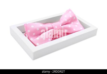 Stylish pink bow tie with polka dot pattern on white background Stock Photo