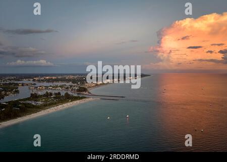 High angle view of crowded Nokomis beach in Sarasota County, USA. Many people enjoing vacations time swimming in ocean water and relaxing on warm Stock Photo