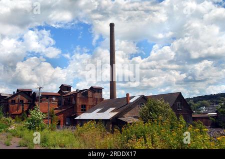 Historic buildings and smokestack of the Quincy Copper Smelter in Ripley, Michigan is framed by overgrowth and blue skies. Stock Photo