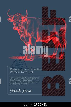 Beef shop poster. Vintage sketch cow stand on colored background. Butcher market retro print. Butchery label creative typography template. Natural farm meat eps placard. Engraving bull drawing artwork Stock Vector