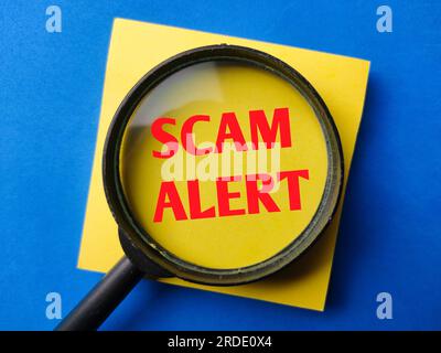 Magnifying glass with the word SCAM ALERT on a blue background Stock Photo