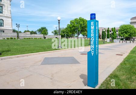 St PAUL, MINNESOTA / UNITED STATE  MAY 29 2023: The Blue Emergency Call Box In Front of the State Capital of St Paul, MN Stock Photo