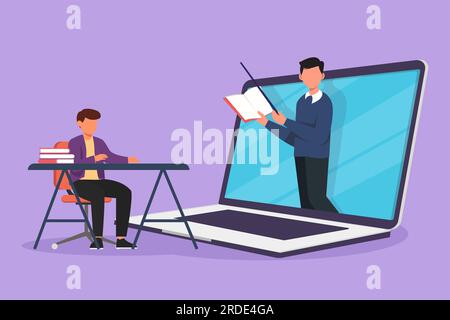 Graphic flat design drawing male student sitting on chair with desk studying staring at giant laptop screen and inside laptop there is male lecturer w Stock Photo