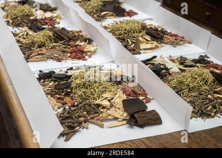 A collection of natural raw herbal ingredients as part of an herbal tonic formula used in Traditional Chinese Medicine (TCM) for cold and flu. Stock Photo