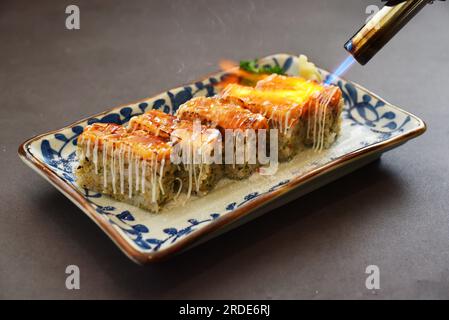 Seared Salmon Sushi, Japanese Cuisine Stock Photo