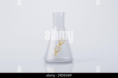 Chemical glassware and golden DNA, 3d rendering. Digital drawing. Stock Photo