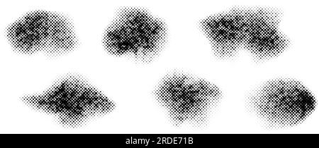 Abstract halftone texture stains. Grunge noise grain shapes set. Black comic spray splashes and spots. Dotted gradient elements and splatter forms collection. Vector pop art bundle Stock Vector