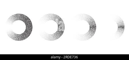 Set of textured gradient rings. Black dotted circles collections. Stippled round elements pack. Fading noise grain dotwork shapes. Halftone effect illustration bundle. Vector Stock Vector