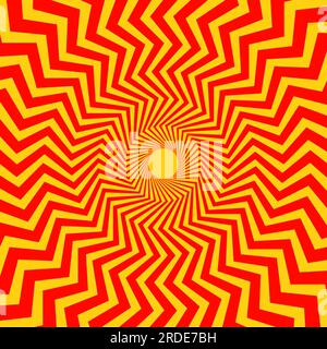 Optical illusion background. Red and orange abstract distorted zigzag lines surface. Radial wave poster design. Hypnotic illusion wallpaper. Vector illustration Stock Vector