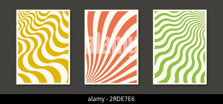Retro wave lines and sunbursts backgrounds set. Trippy wavy stripes and distorted curly textures collection. Psychedelic orange, green and yellow groovy distorted wallpapers. Vector banners or posters Stock Vector