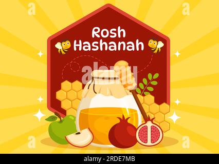 Happy Rosh Hashanah Vector Illustration of Jewish New Year Holiday with Apple, Pomegranate, Honey and Bee in Flat Cartoon Hand Drawn Templates Stock Vector