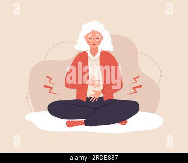 Menopause concept. Sad elderly woman with female problems. Abdominal pain. Vector illustration in flat cartoon style Stock Vector