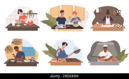 Male and female characters preparing food for dinner or lunch. Personages working in kitchen, cafe or restaurant staff. Hobby or culinary and bakery c Stock Vector
