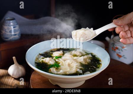 Seaweed Wonton Soup, Meat Dumplings Stock Photo