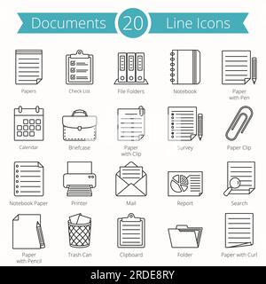 20 paper and documents line icons set, vector eps10 illustration Stock Vector