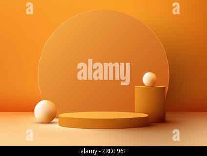 This 3D realistic yellow cylinder podium stand with yellow circle backdrop decoration and white balls on the yellow floor is a modern minimalist produ Stock Vector