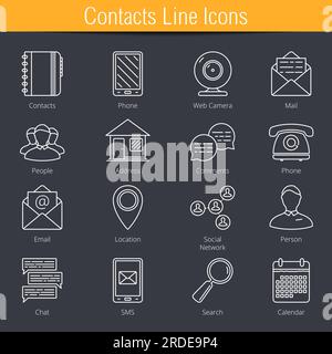 Set of 16 Contacts line icons, vector eps10 illustration Stock Vector