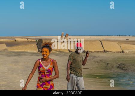 Morondava, Madagascar - May 31.2023: A malagasy women with mask painting, is known as Masonjaony at the coastline in Morondava Stock Photo